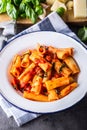 Pasta. Italian and Mediterrannean cuisine. Pasta Rigatoni with tomato sauce basil leaves garlic and parmesan cheese. Royalty Free Stock Photo