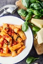 Pasta. Italian and Mediterrannean cuisine. Pasta Rigatoni with tomato sauce basil leaves garlic and parmesan cheese.
