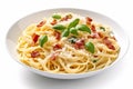 pasta italian mushroom lunch carbonara isolated spaghetti cheese background plate food. Generative AI.