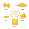 Pasta of Italy, farfalle, lasagne, fettuccine and ravioli, fusilli