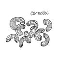Pasta line concept. Cornetti shape of macaroni. Traditional italian cuisine and kitchen. Poster or banner for website. Linear flat