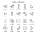 Pasta line icon set. Italian pasta collection with macaroni, farfalle, noodle, spaghetti, ravioli, cavatelli. Vector illustration