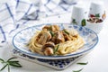 Pasta (linguini) with chicken and mushrooms Royalty Free Stock Photo