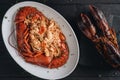 Pasta with Lobster meat on the black background Royalty Free Stock Photo