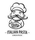 Pasta logo. Hand drawn vector illustration of chef-cooker with a mustache and plate with spaghetti. Italian chef logo.