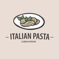 Pasta logo. Hand drawn vector illustration of plate with spaghetti. Stock vector Italian logo.
