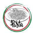 Pasta logo, handwritten lettering, sketch dish with pasta