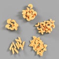 Pasta and macaroni icon set, piles of Italian raw dry penne, fusilli, chifferi isolated on grey background top view 3d