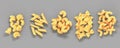 Pasta and macaroni icon set, piles of italian uncooked penne, fusilli, chifferi isolated on gray background top view 3d