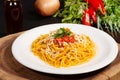Pasta, macaroni, noodles, spaghetti sugo with tomato sauce and fresh tomatoes, typical Italian cuisine, italian food Royalty Free Stock Photo