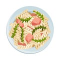 Pasta with Meat Slabs and Greenery Served on Plate Vector Illustration