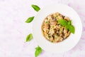 Pasta with meatballs and mushrooms in creamy sauce. Royalty Free Stock Photo