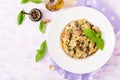 Pasta with meatballs and mushrooms in creamy sauce. Royalty Free Stock Photo