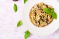 Pasta with meatballs and mushrooms in creamy sauce. Royalty Free Stock Photo