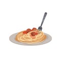 Pasta with meatballs on a plate. Vector illustration.