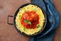 Pasta Meatballs in tomato sauce in metal pan Royalty Free Stock Photo