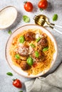 Pasta with Meatballs in tomato sauce top view. Royalty Free Stock Photo