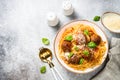 Pasta with Meatballs in tomato sauce top view. Royalty Free Stock Photo