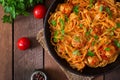 Pasta with meatballs in tomato sauce. Top view Royalty Free Stock Photo