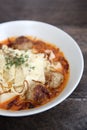 Pasta meatballs tomato sauce on wooden table Royalty Free Stock Photo