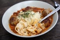 Pasta meatballs tomato sauce on wooden table Royalty Free Stock Photo