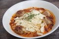 Pasta meatballs tomato sauce on wooden table Royalty Free Stock Photo