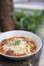 Pasta meatballs tomato sauce on wooden table Royalty Free Stock Photo