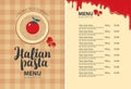 Pasta menu for italian restaurant with price list