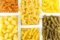 Pasta mix arranged in a wooden frame Royalty Free Stock Photo
