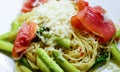 Pasta with mozzarella, tomatoes, asparagus and ham Royalty Free Stock Photo