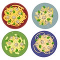 Pasta mushroom with Spaghetti, penne, tagliatelle and fisilli on colored plates.