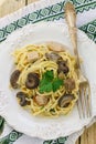 Pasta with mushrooms and meat in a creamy sauce. Spaghetti, oyster mushrooms, chicken and parsley Royalty Free Stock Photo