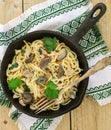 Pasta with mushrooms and meat in a creamy sauce. Spaghetti, oyster mushrooms, chicken and parsley Royalty Free Stock Photo