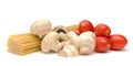 Pasta, mushrooms, tomatoes on a white background