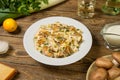 Pasta with mushrooms, white wine and leeks. Close up.