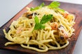 pasta with mussels and prawns in creamy sauce. Traditional Italian cuisine, pasta with seafood Royalty Free Stock Photo