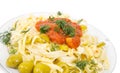 Pasta with olive and catchup Royalty Free Stock Photo