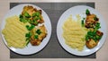 Pasta Orzo with meat for two people. Fried chicken with macaroni. Rice-shaped pasta on plates for two people