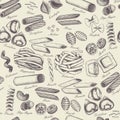 Kitchen background with traditional Italian pasta sketch. Vintage seamless pattern with hand drawn food illustrations. Cafe or res