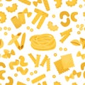 Pasta pattern. Seamless print with doodle Italian wheat pasta, home made dough food, yellow farfalle, spaghetti and Royalty Free Stock Photo