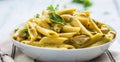 Pasta pene with chicken pieces mushrooms parmesan cheese sauce a Royalty Free Stock Photo