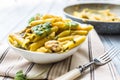 Pasta pene with chicken pieces mushrooms parmesan cheese sauce a Royalty Free Stock Photo