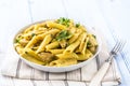 Pasta pene with chicken pieces mushrooms parmesan cheese sauce a Royalty Free Stock Photo