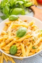 Pasta penne with chicken pieces mushrooms basil parmesan cheese and white wine. Italian food in white plate on kitchen Royalty Free Stock Photo