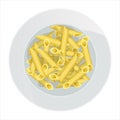 Pasta penne rigate in plate isolated on white background. Top view portion.