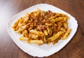 Pasta penne with stew meat sauce Royalty Free Stock Photo