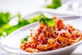 Pasta Penne with Tomato Bolognese Sauce, Parmesan Cheese and Basil on a Fork. Mediterranean food.Italian cuisine Royalty Free Stock Photo