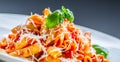 Pasta Penne with Tomato Bolognese Sauce, Parmesan Cheese and Basil on a Fork. Mediterranean food.Italian cuisine Royalty Free Stock Photo