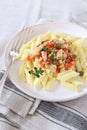 Pasta penne with tuna, bell pepper and capers Royalty Free Stock Photo