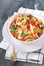 Pasta penne with with tuna, bell pepper and cappers Royalty Free Stock Photo